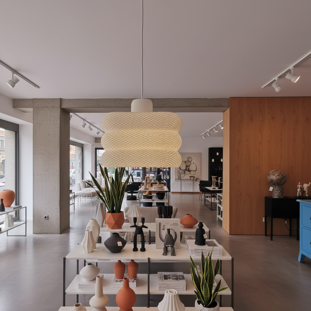 Textured modern pendant lamp creating cozy ambient lighting in a stylish room