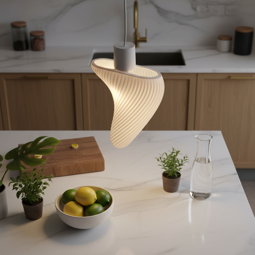Modern kitchen pendant lamp with sculpted swirl silhouette and warm light over a marble countertop.
