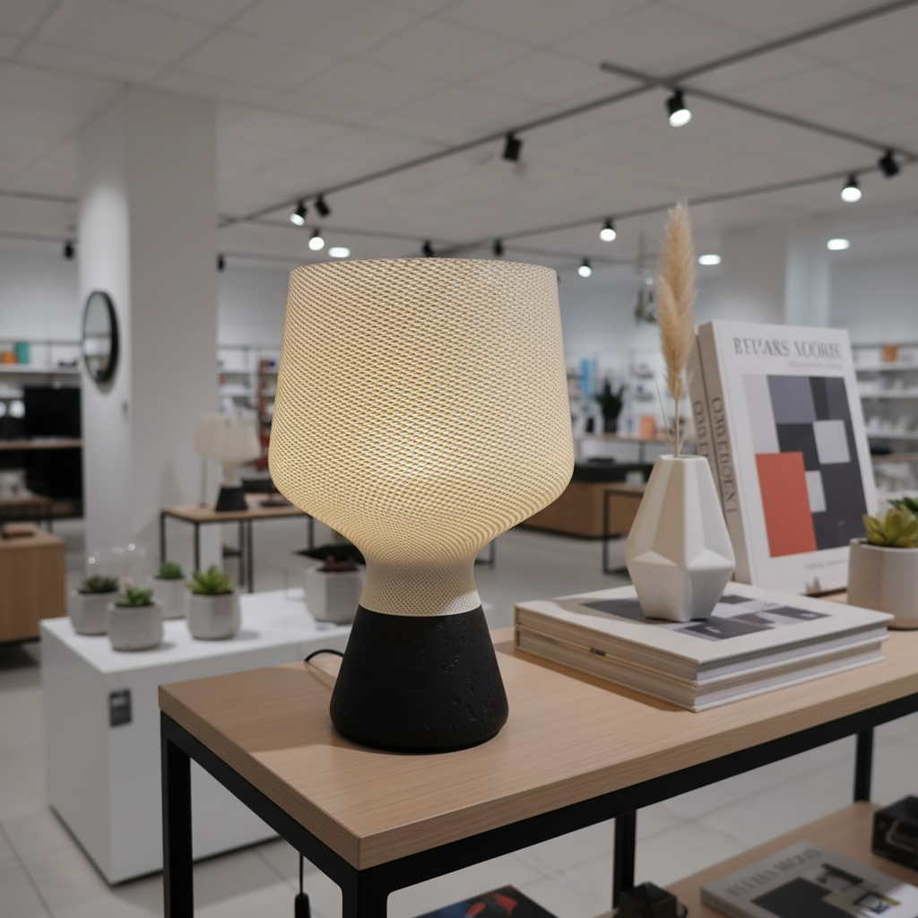 Modern table lamp on a wooden table in a store setting