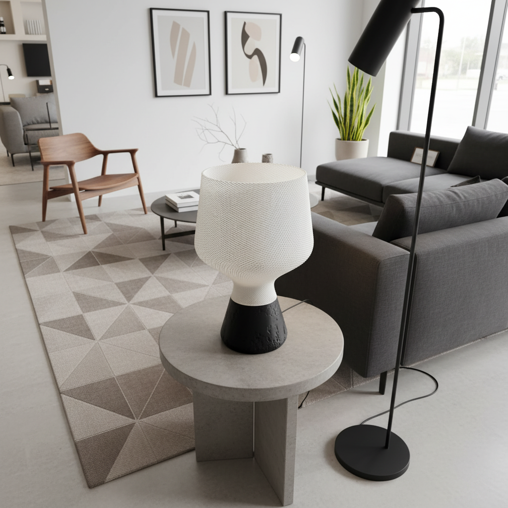 Modern living room with a gray sofa, wooden chair, and decorative lamp.