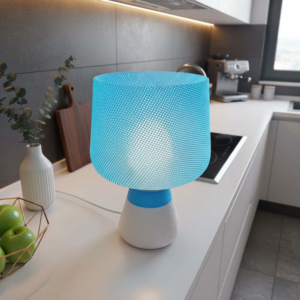 Blue textured table lamp on a kitchen counter with a modern kitchen background