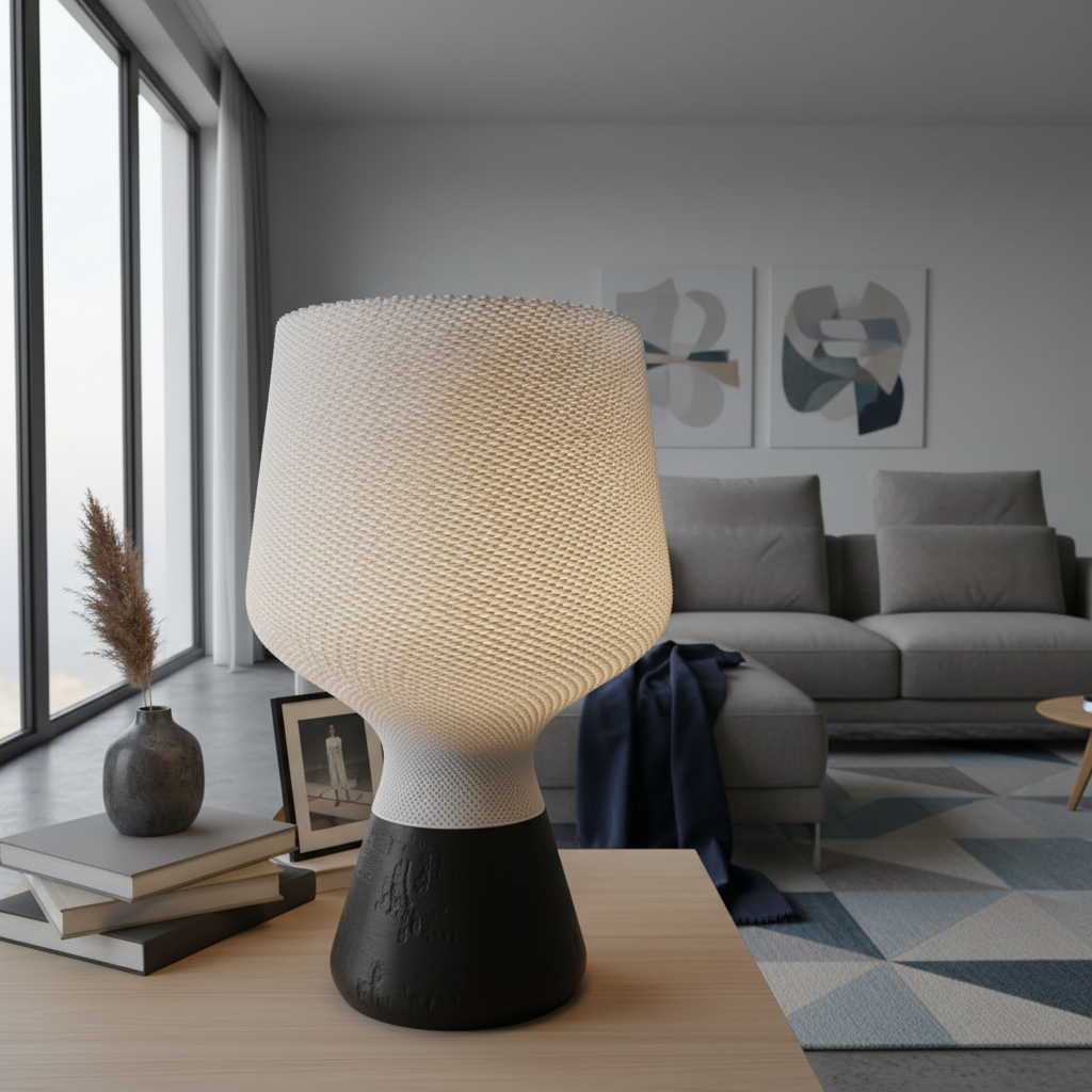 Modern lamp on a table in a living room with a sofa and decor.