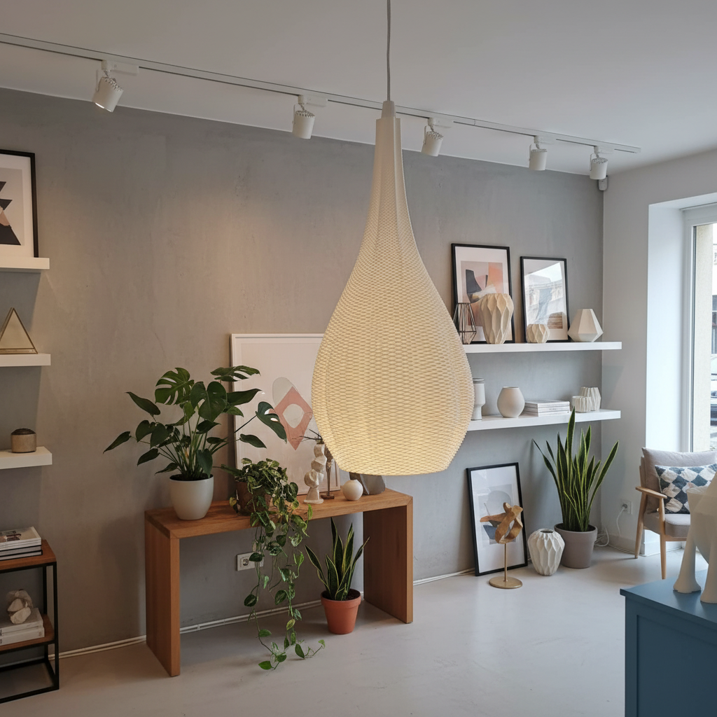 Modern living room with a hanging lamp, plants, and decorative items.