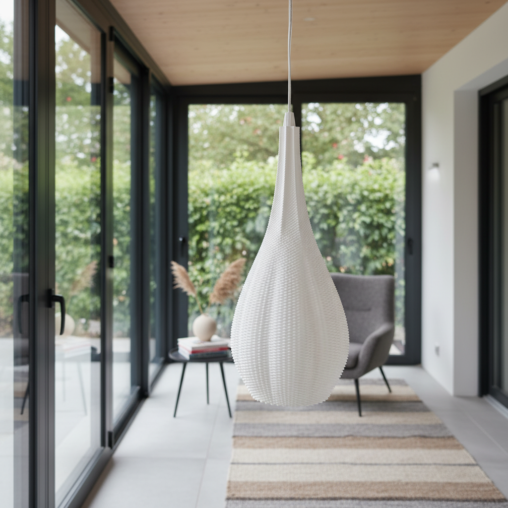 White hanging chair in a modern room with large windows and outdoor view