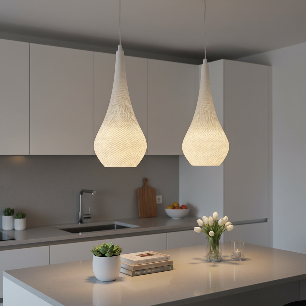 Two teardrop-shaped pendant lights with a soft warm glow hang above a modern white kitchen island, creating a minimalist and cozy interior atmosphere.