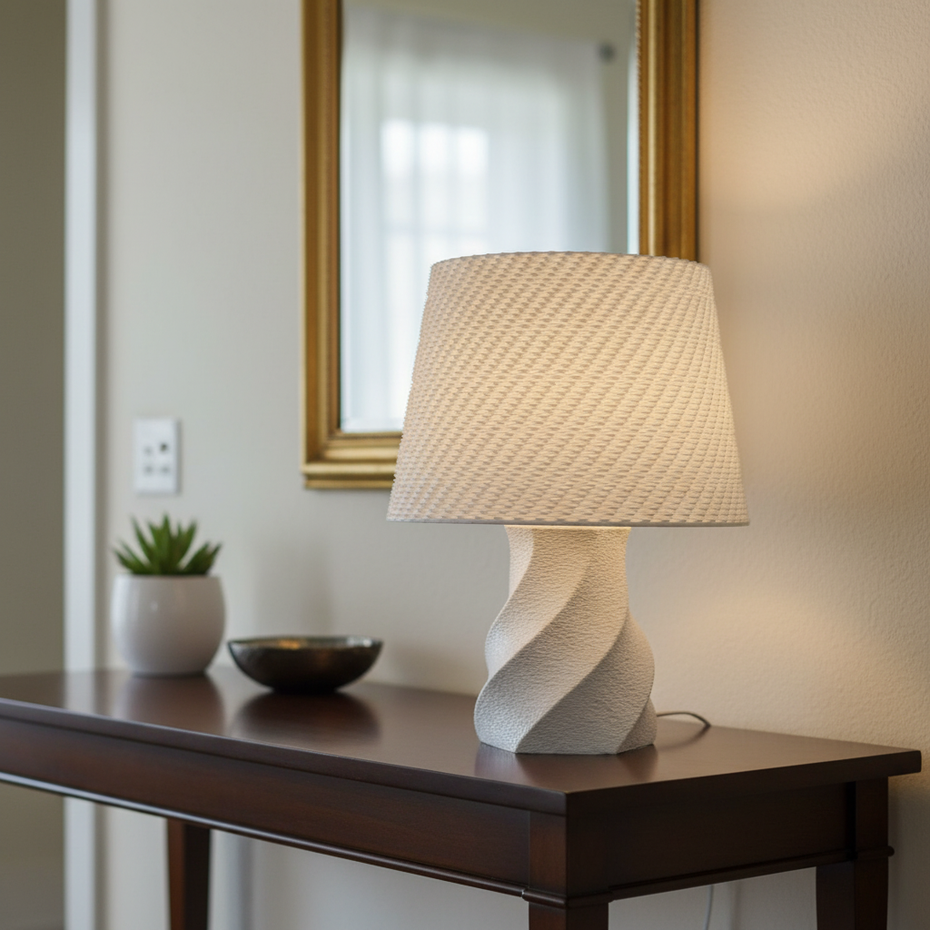 Decorative lamp on a wooden console table in a home interior.