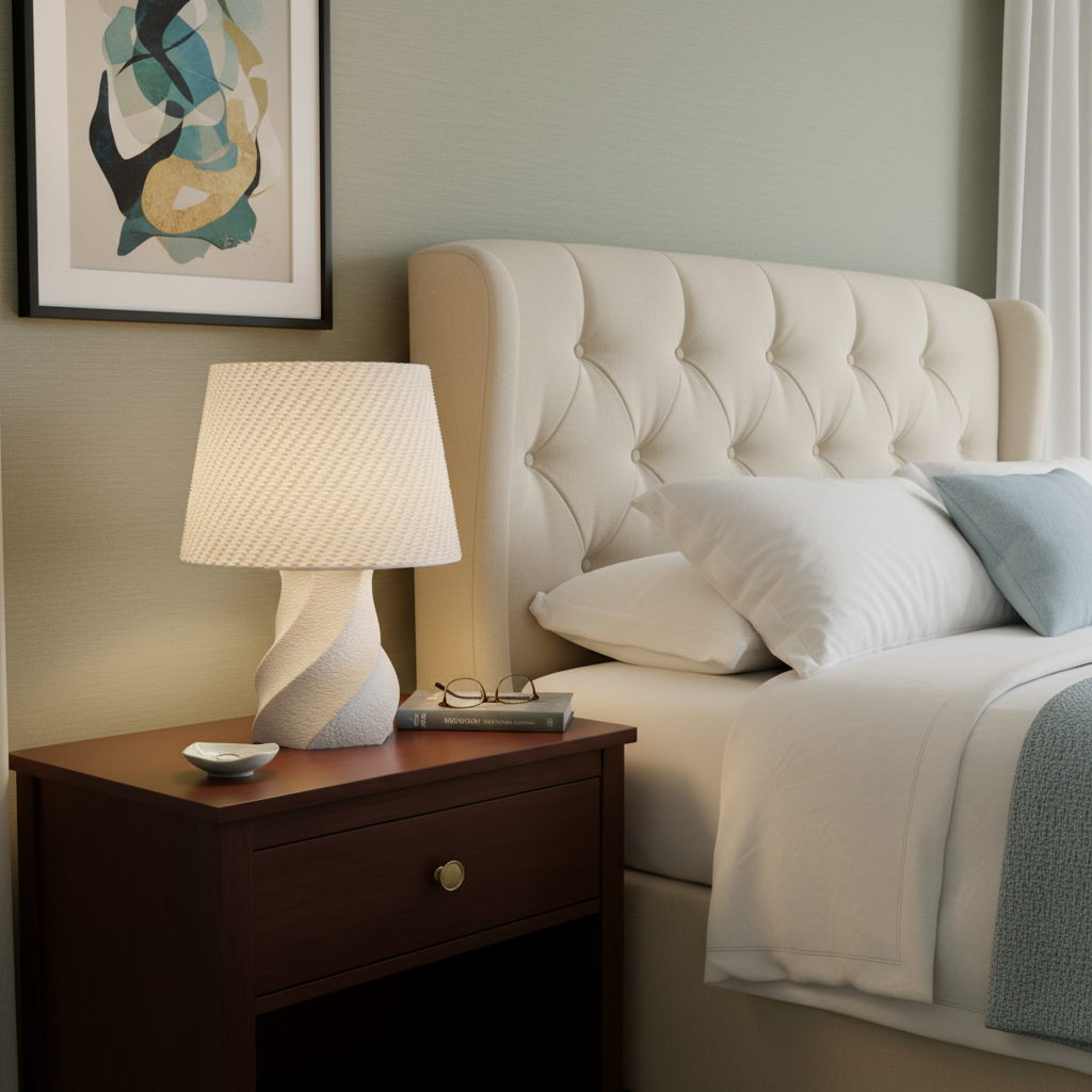Bedroom with a bed and nightstand featuring a lamp and remote control.