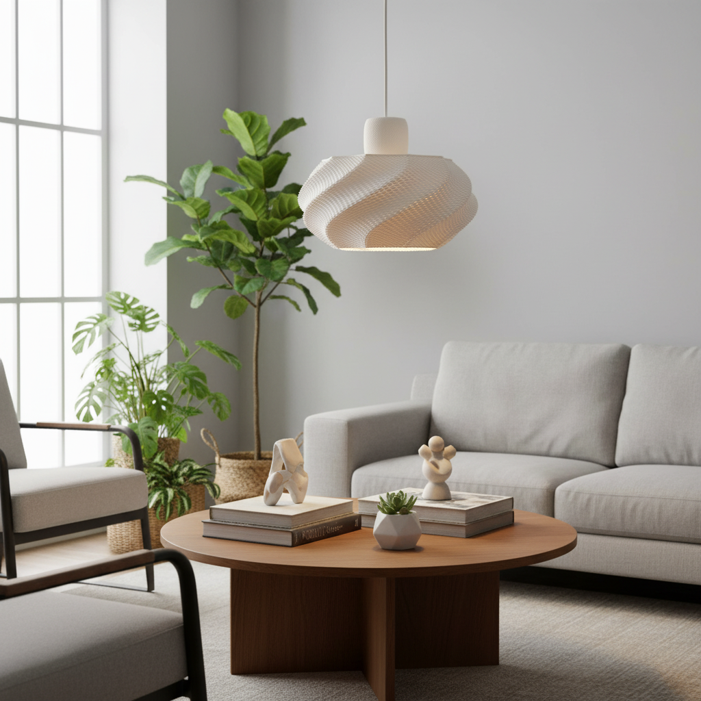 Modern sculptural pendant light hanging in a spacious interior with plants and abstract sculptures, emitting a warm ambient glow.