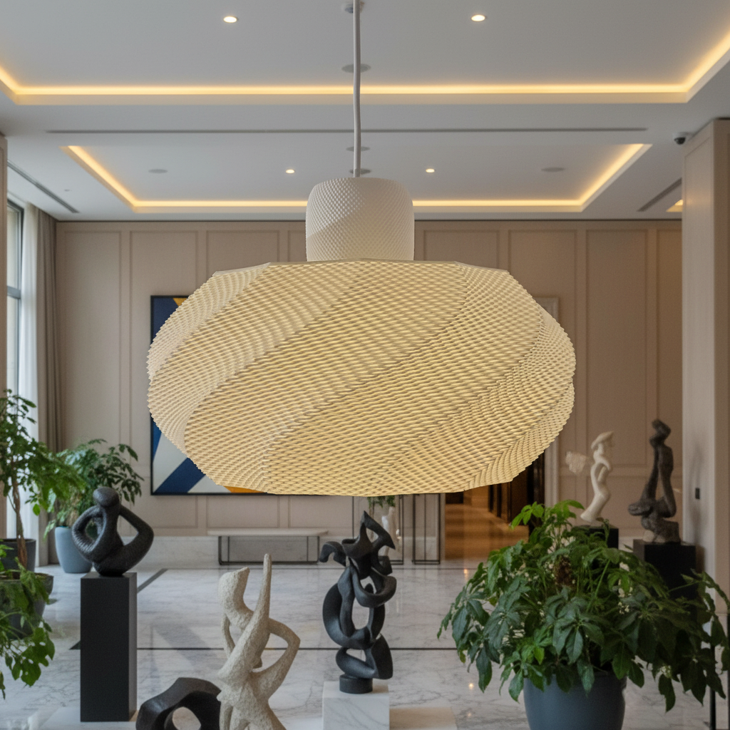 Close-up view of the pendant light turned on, showcasing the textured woven surface and soft warm illumination.