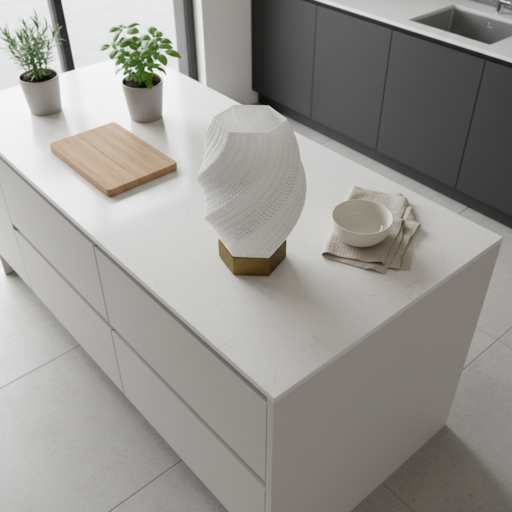 Modern kitchen with white countertop, decorative vase, and potted plants.