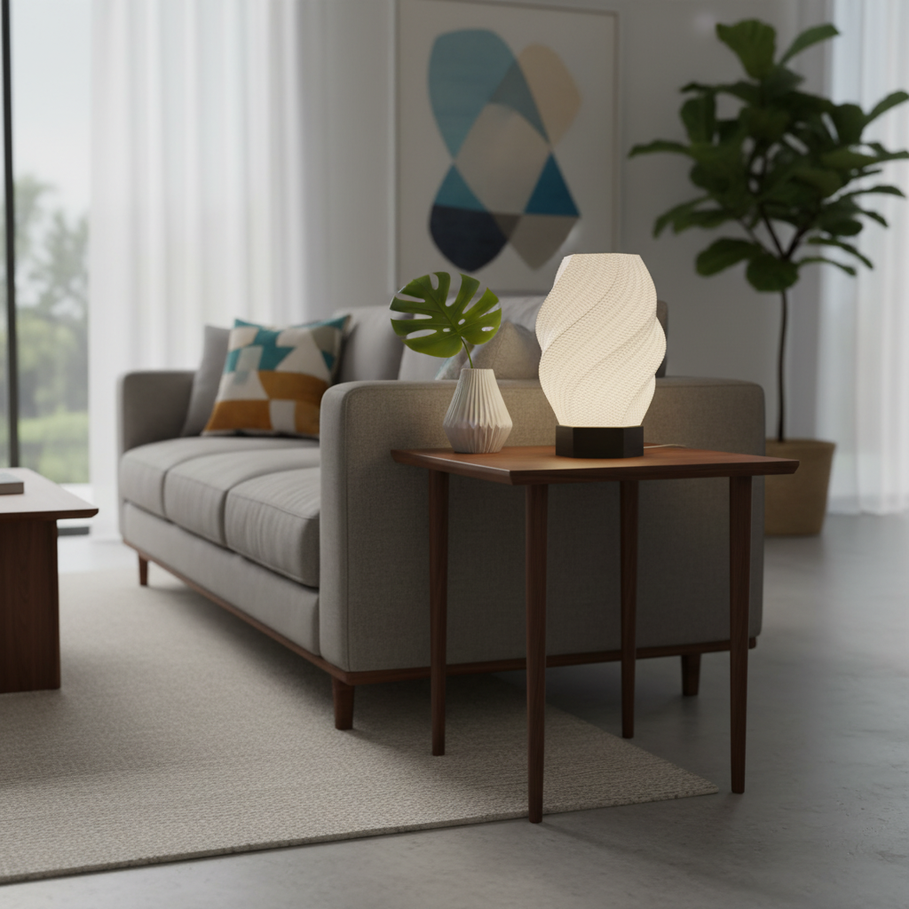 Modern living room with a gray sofa, side table, and decorative lamp.