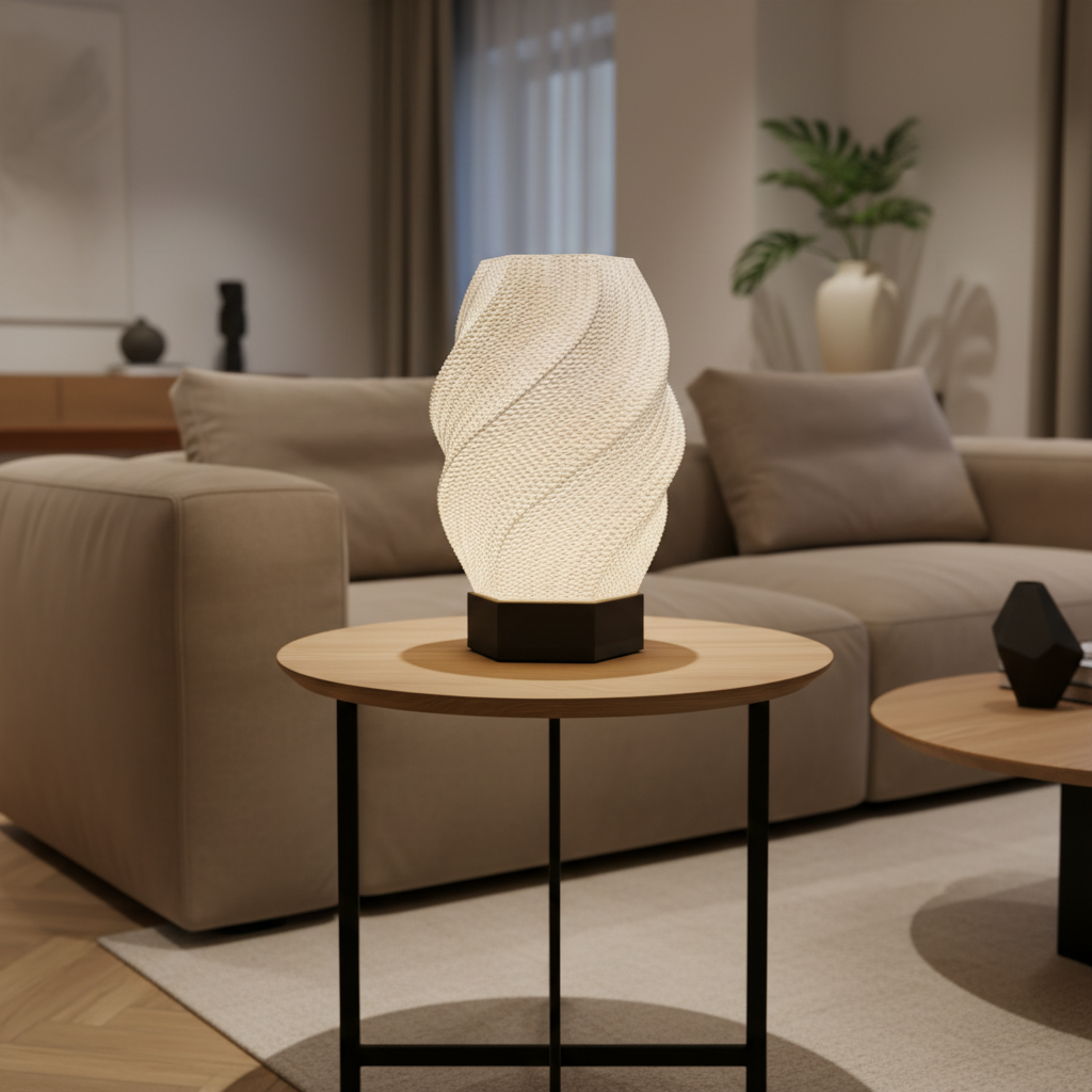 Decorative table lamp on a side table in a living room setting