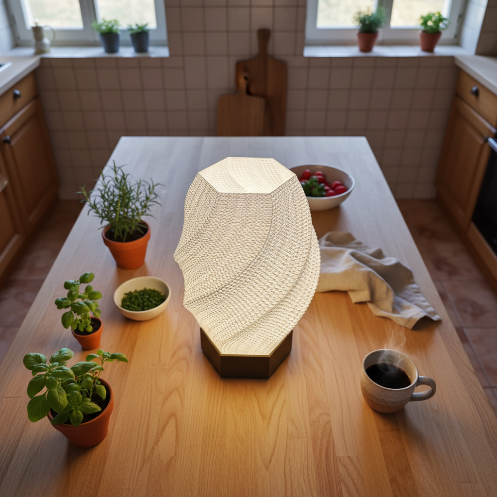 Light fixture on a kitchen table with plants and a bowl of fruit in the background