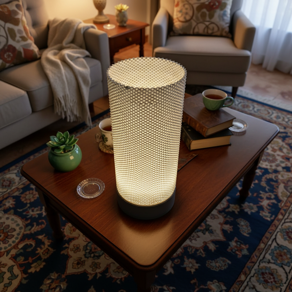 Decorative lamp on a coffee table in a living room setting