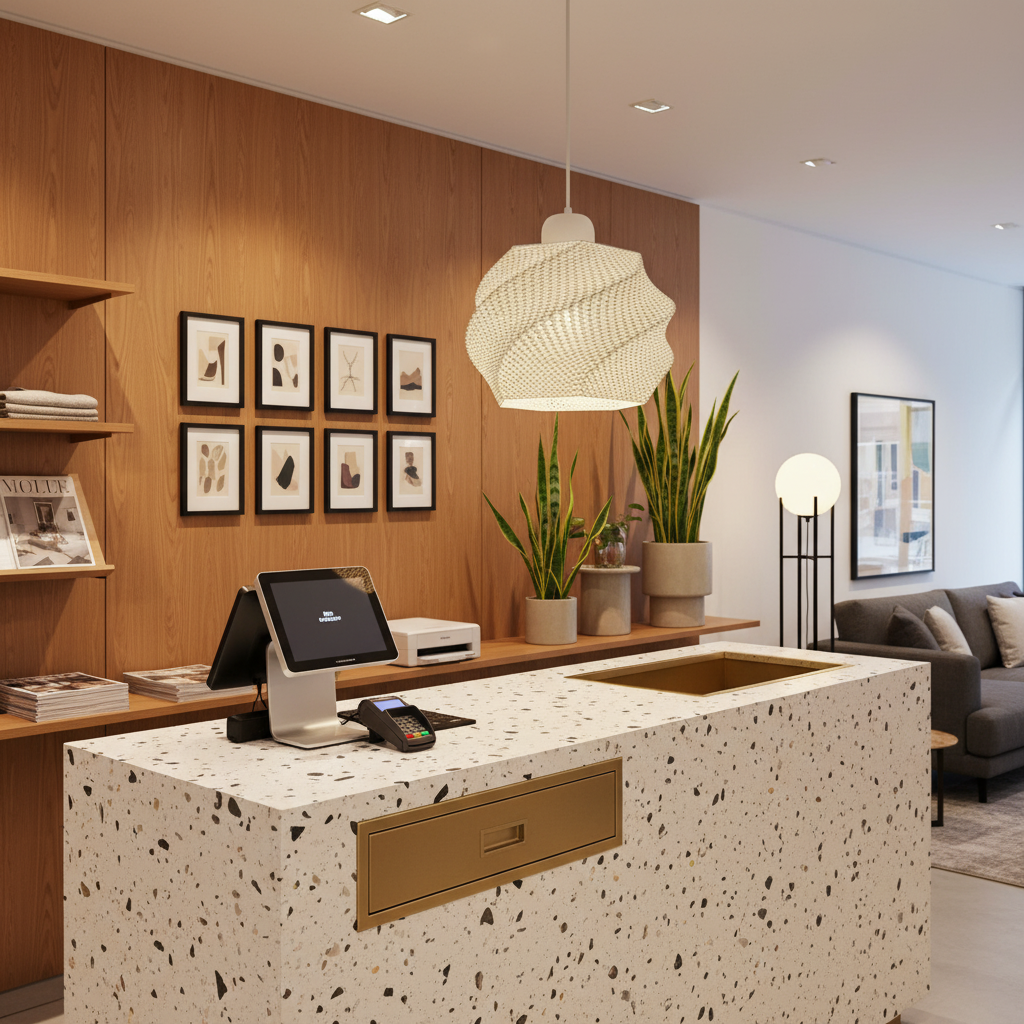 Modern reception area with a marble desk, decorative plants, and framed pictures on a wooden wall.
