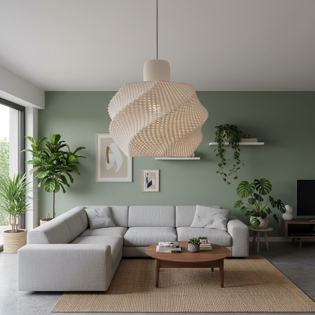Modern living room with a gray sectional sofa, wooden coffee table, and decorative plants.